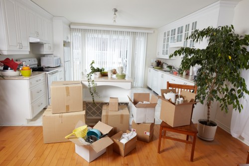 Packed office furniture and equipment ready for transport
